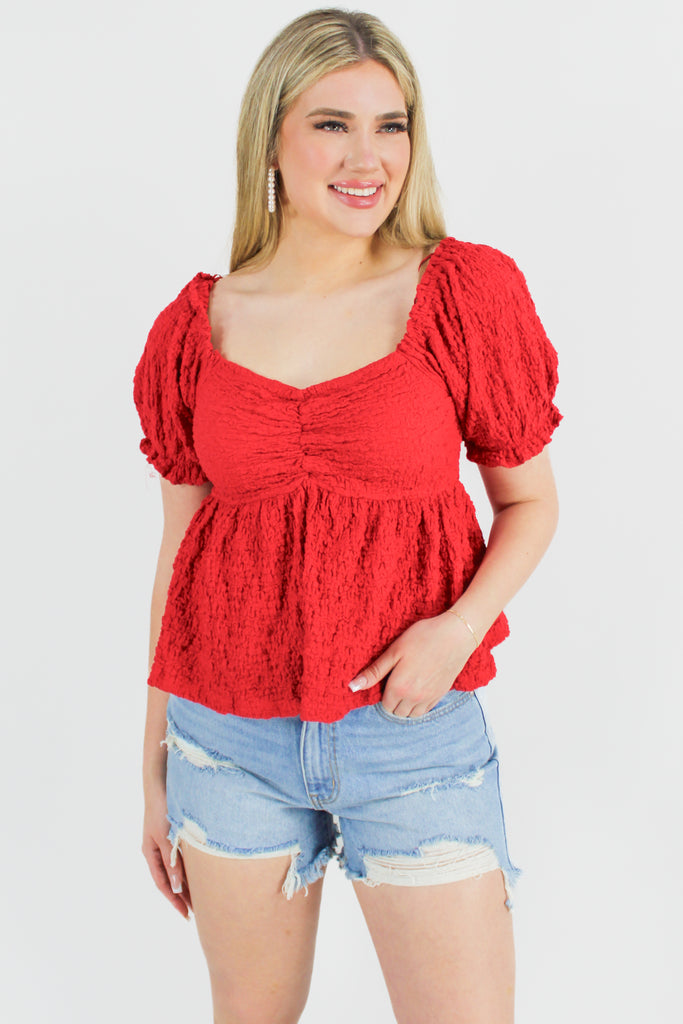 Short Sleeve Red Trxtured Babydoll Top