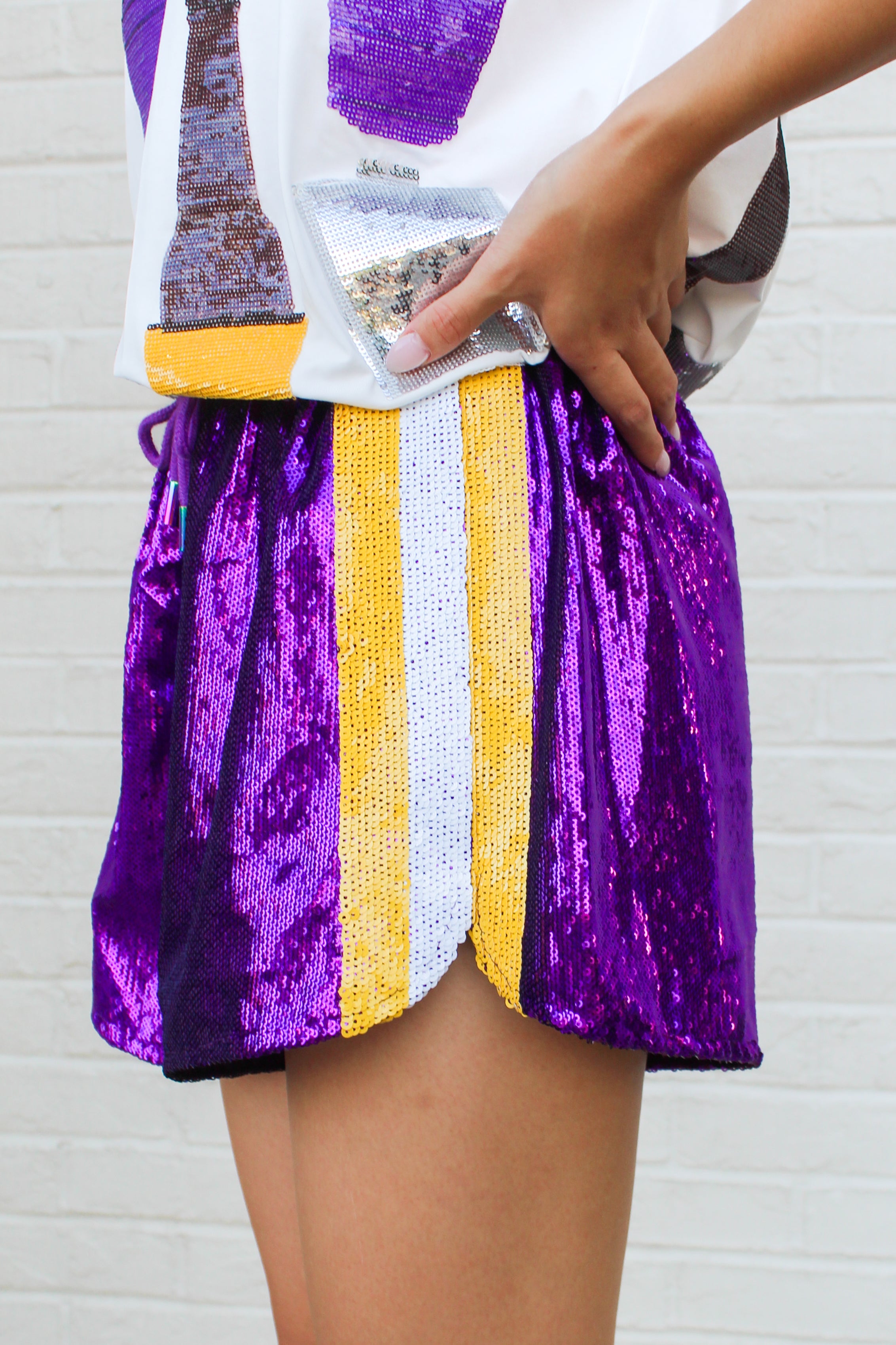 Purple Full Sequin Shorts with Yellow & White Side Stripe – Queen