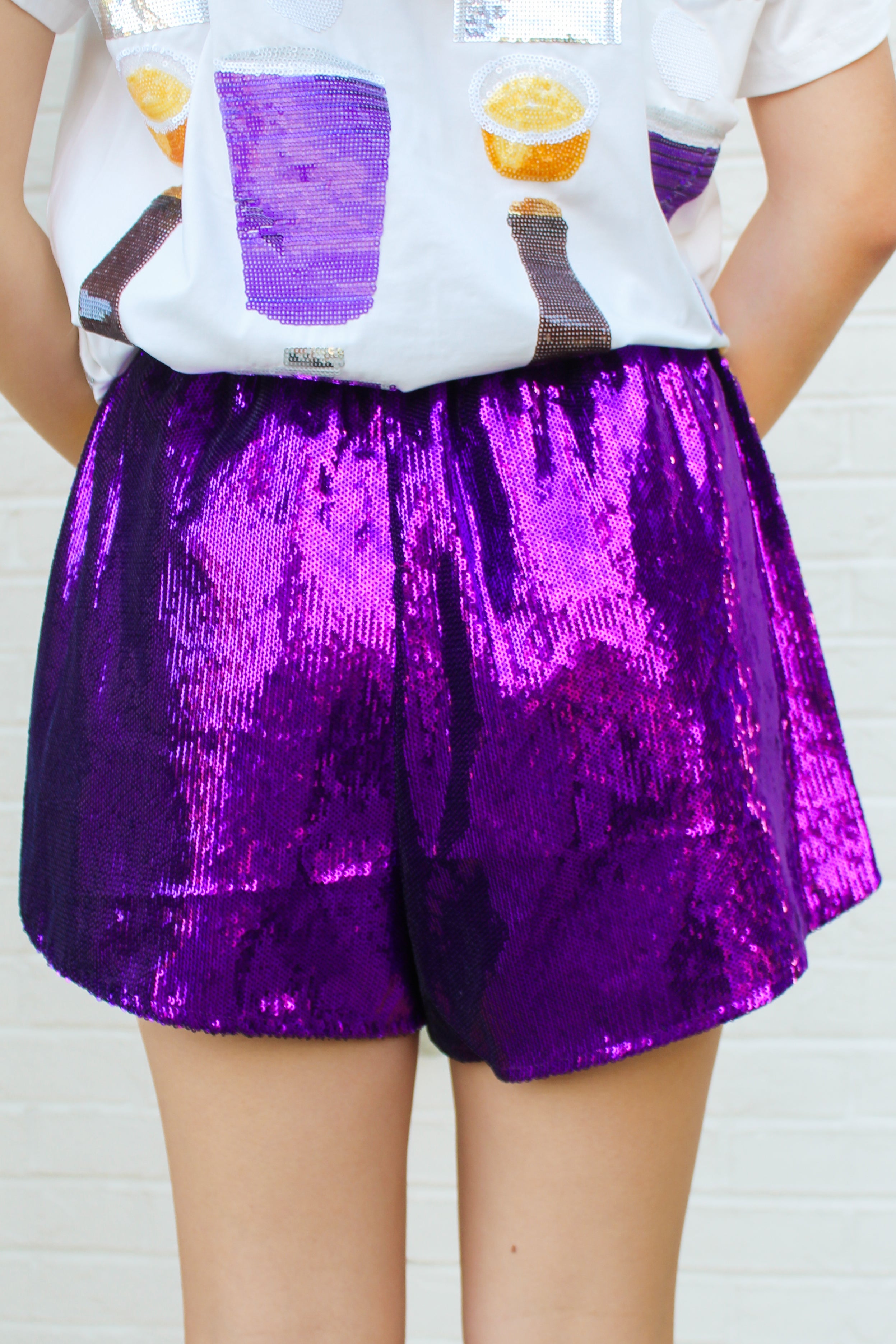 Purple Full Sequin Shorts with Yellow & White Side Stripe – Queen
