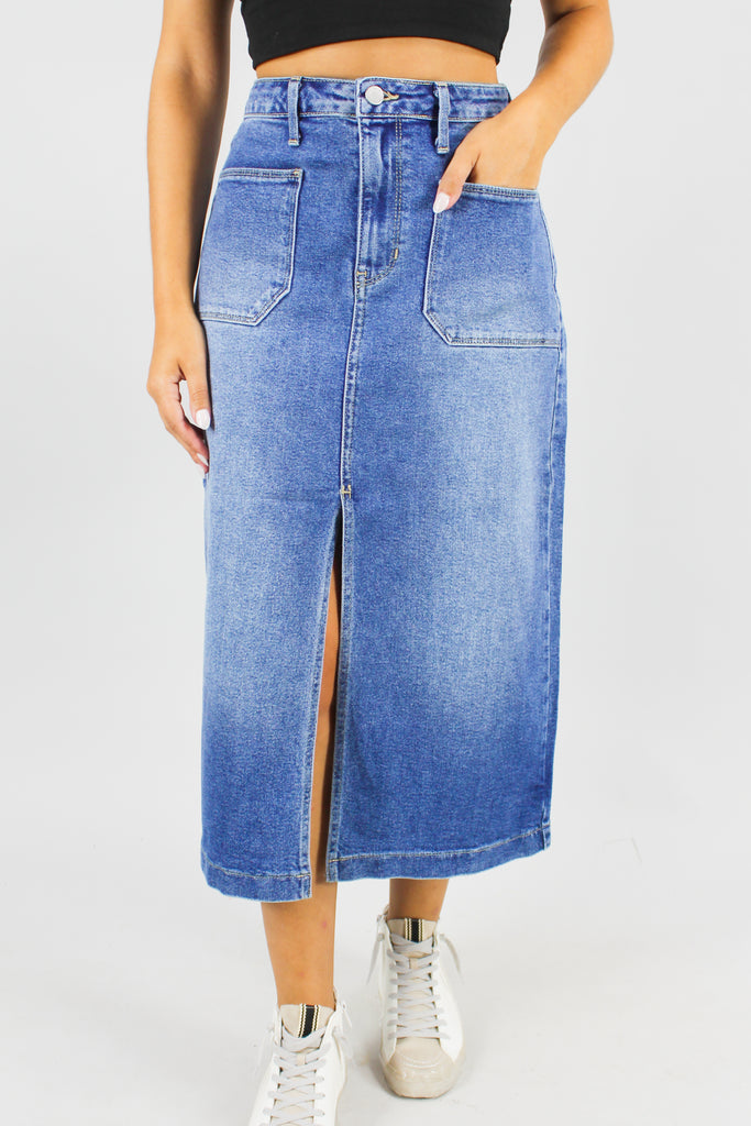 Chic Era Denim Midi Skirt - Frock Candy