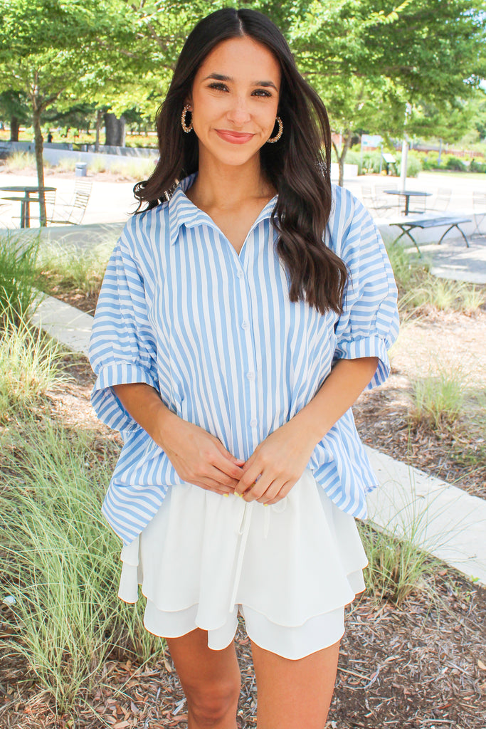 blue and white striped button down oversized blouse