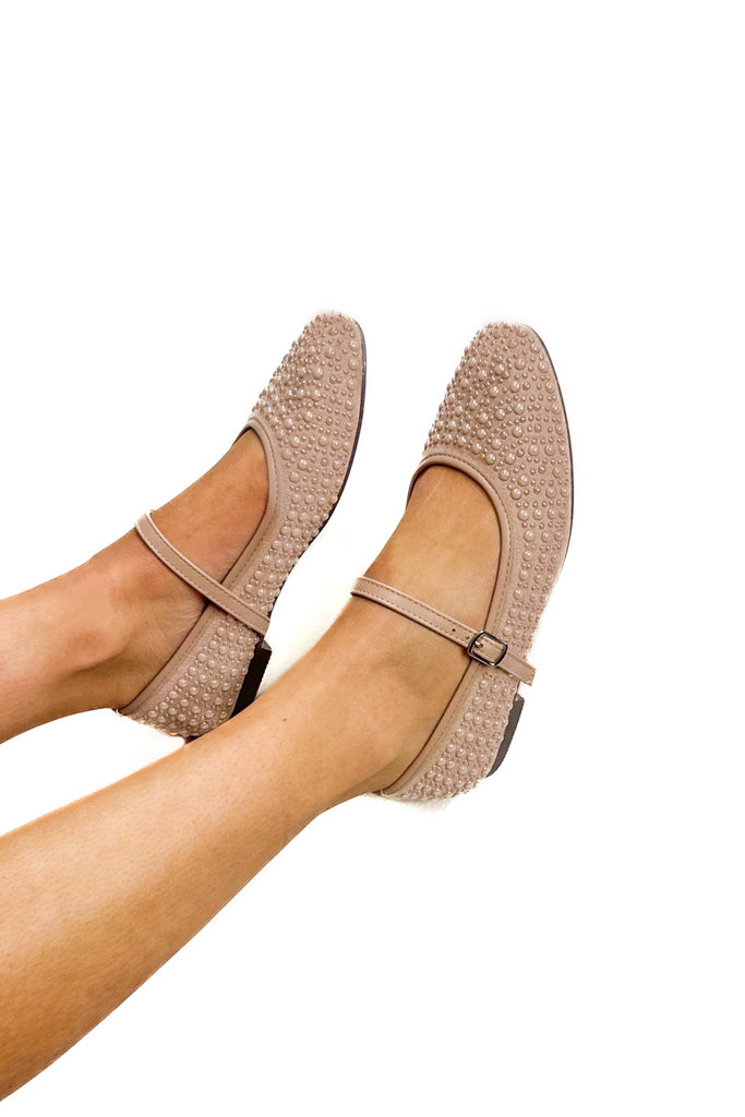 pearl embellished ballet flats in blush