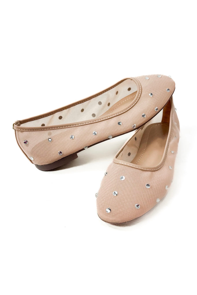 mesh slip on ballet flat in nude with rhinestone detailing