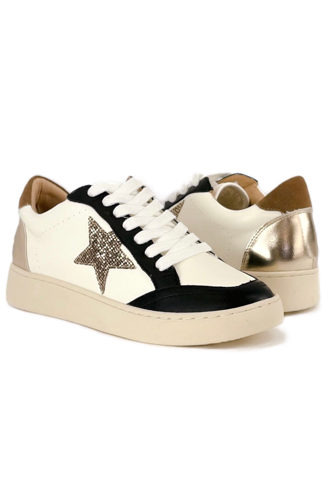 platform sneakers with black suede and gold metallic contrast on white sneakers featuring a glitter gold star