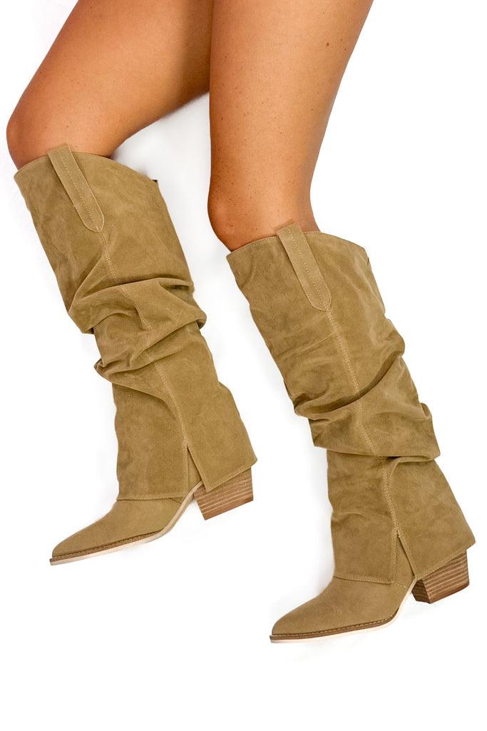 khaki suede pointed toe boots featuring a slouchy style