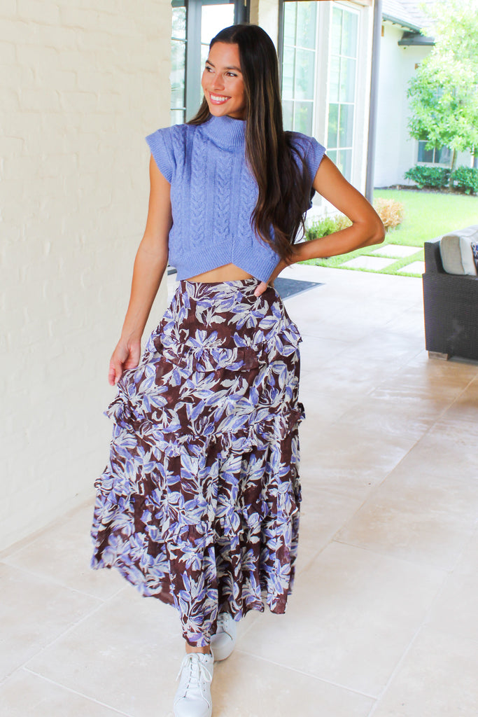 brown ruffle maxi skirt with blue floral pattern