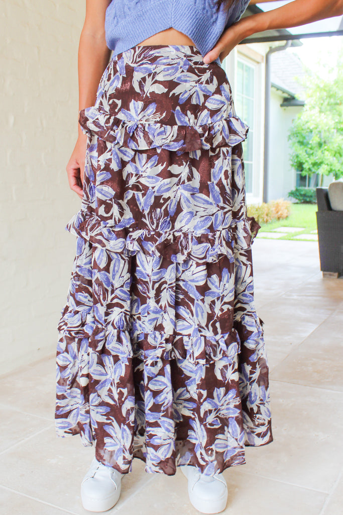 brown ruffle maxi skirt with blue floral pattern