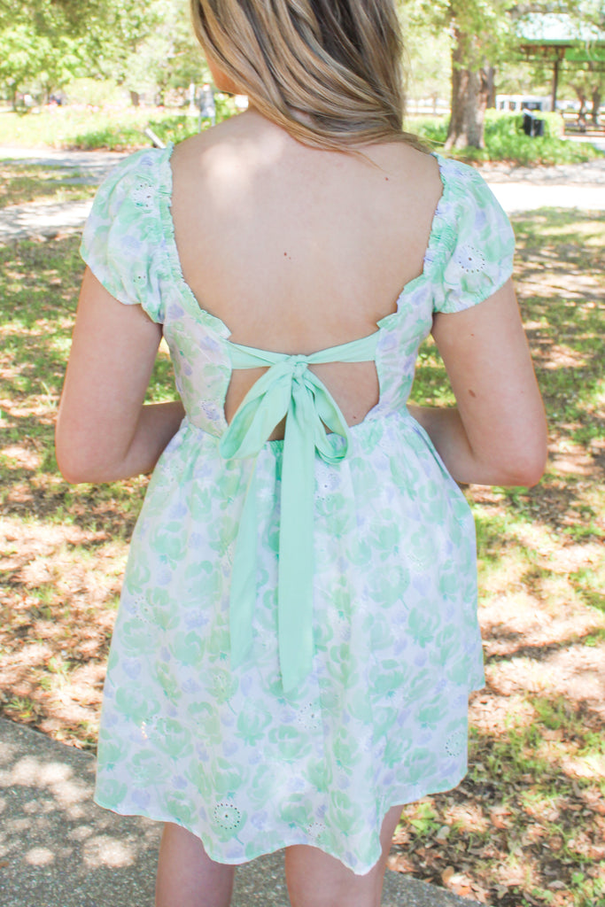 green, blue and white floral eyelet dress