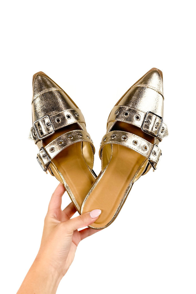 gold metallic slip on pointed toe mules with chunky buckle strap bands