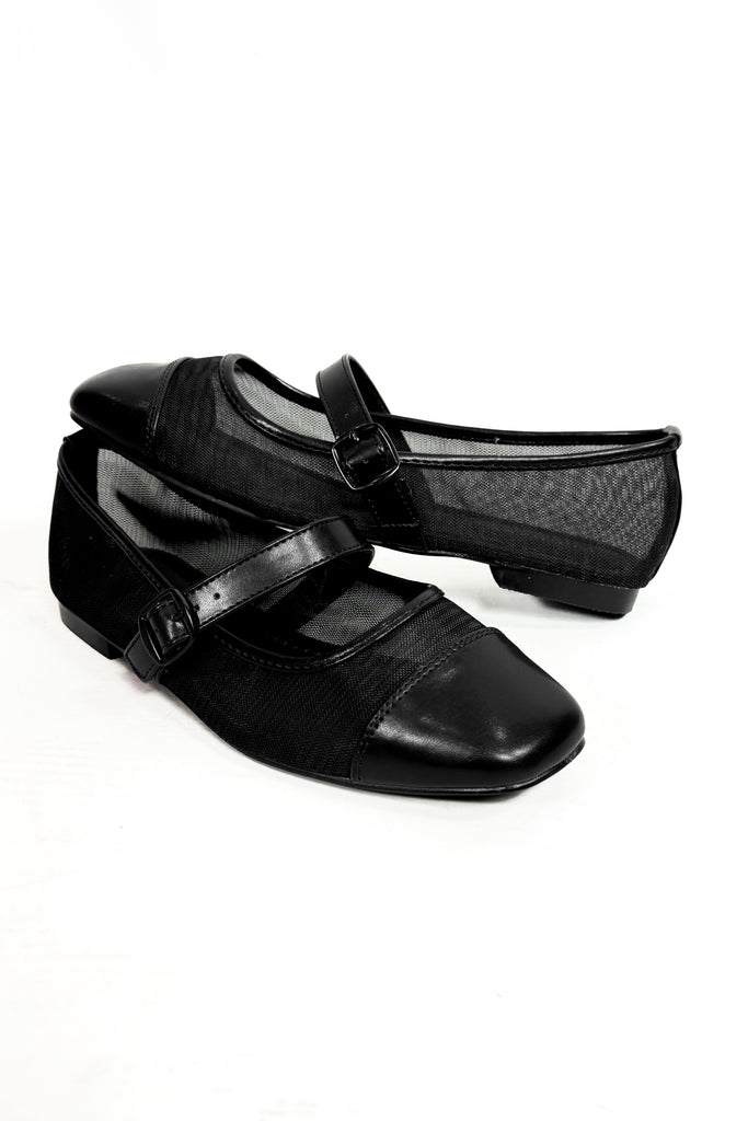 mesh ballet flat with pleather toe and adjustable buckle strap across