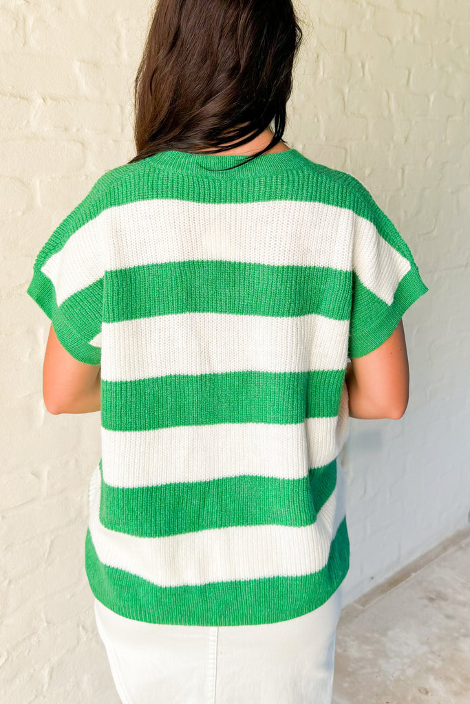 back of green stripe knit sweater tank