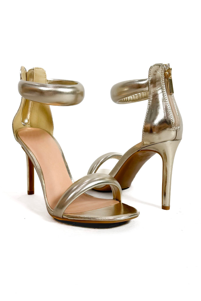 metallic gold heels with puff straps