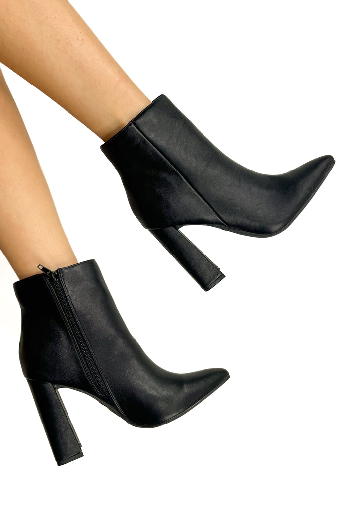 black pleather pointed toe ankle booties