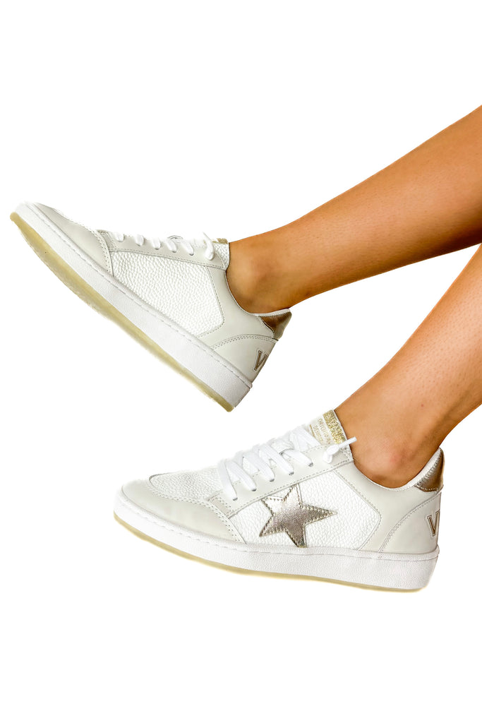 off white pleather sneakers with gold metallic star and back tab