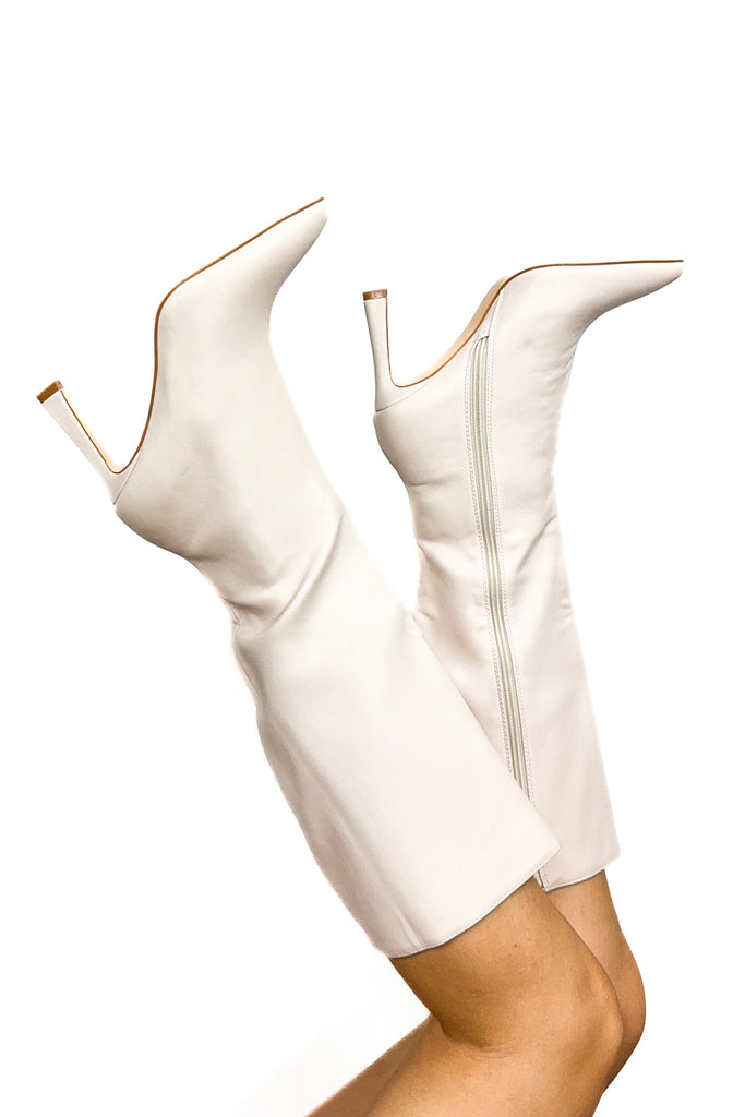 pleather pointed toe knee boots in ivory