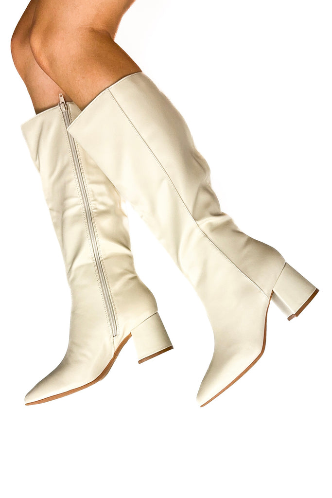 pleather pointed toe knee boots in beige