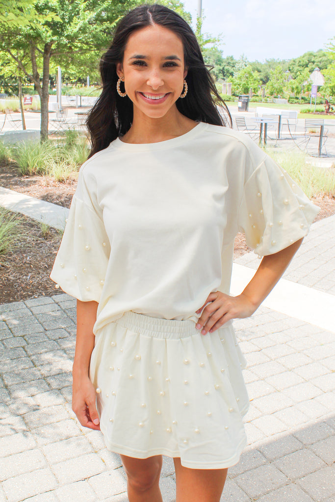 cream puff sleeve top with pearl embellished sleeves