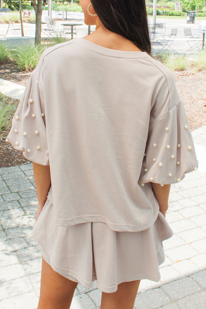 taupe puff sleeve top with pearl embellished sleeves