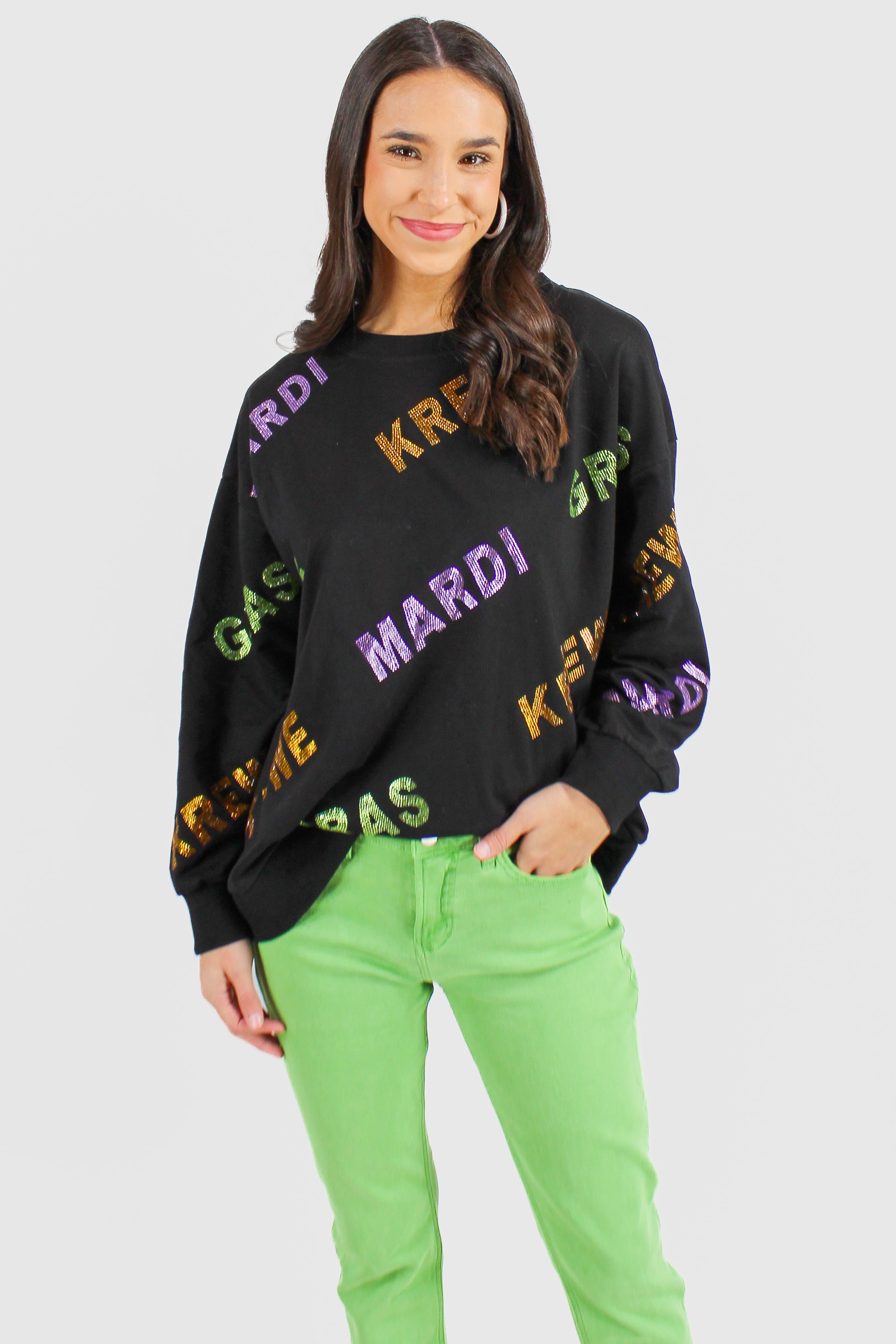 Neon Green Mardi Gras Fringe Boot Sweatshirt - Material Girls
