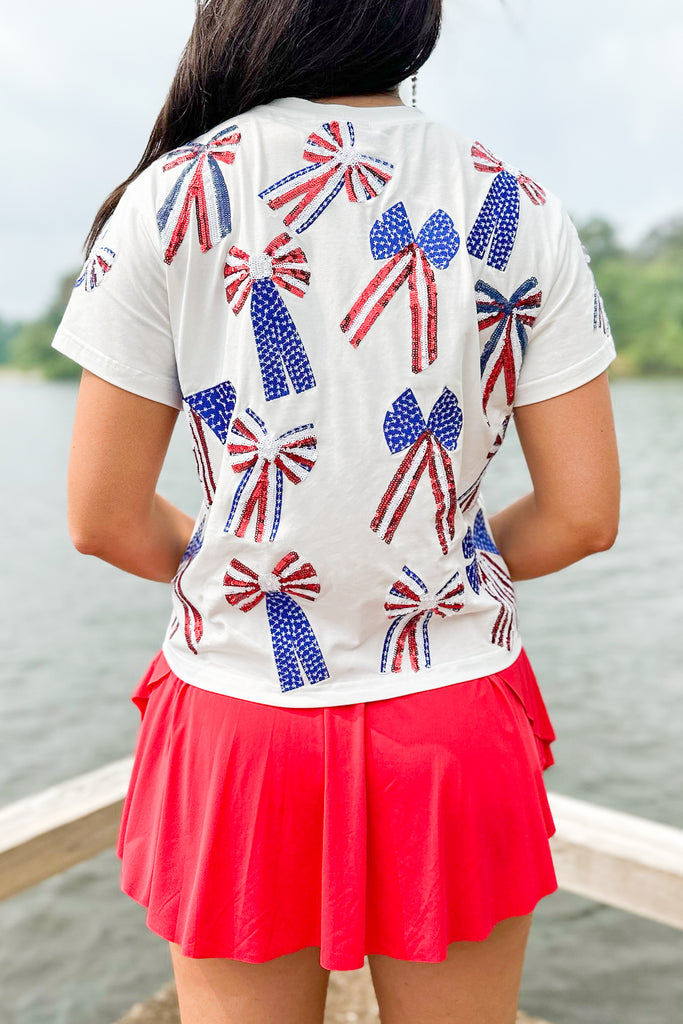 white top with red white and blue stars and stripes sequin bows by queen of sparkles