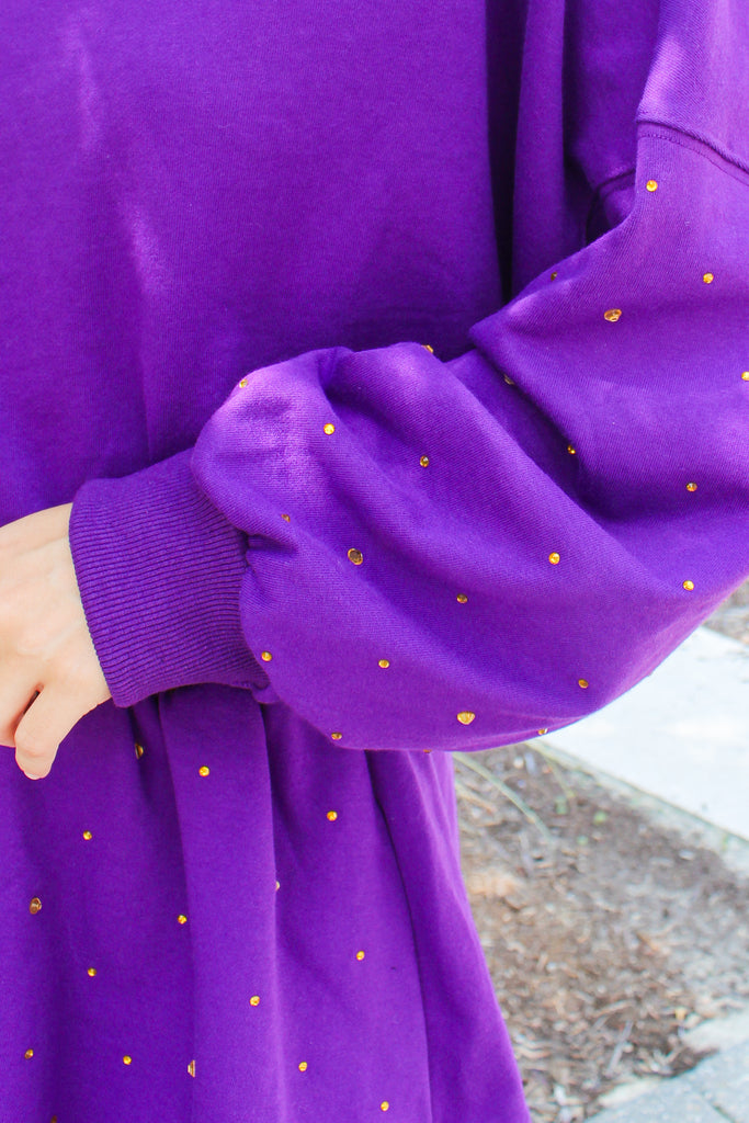 purple cotton cropped sweatshirt with gold rhinestone studs on sleeves