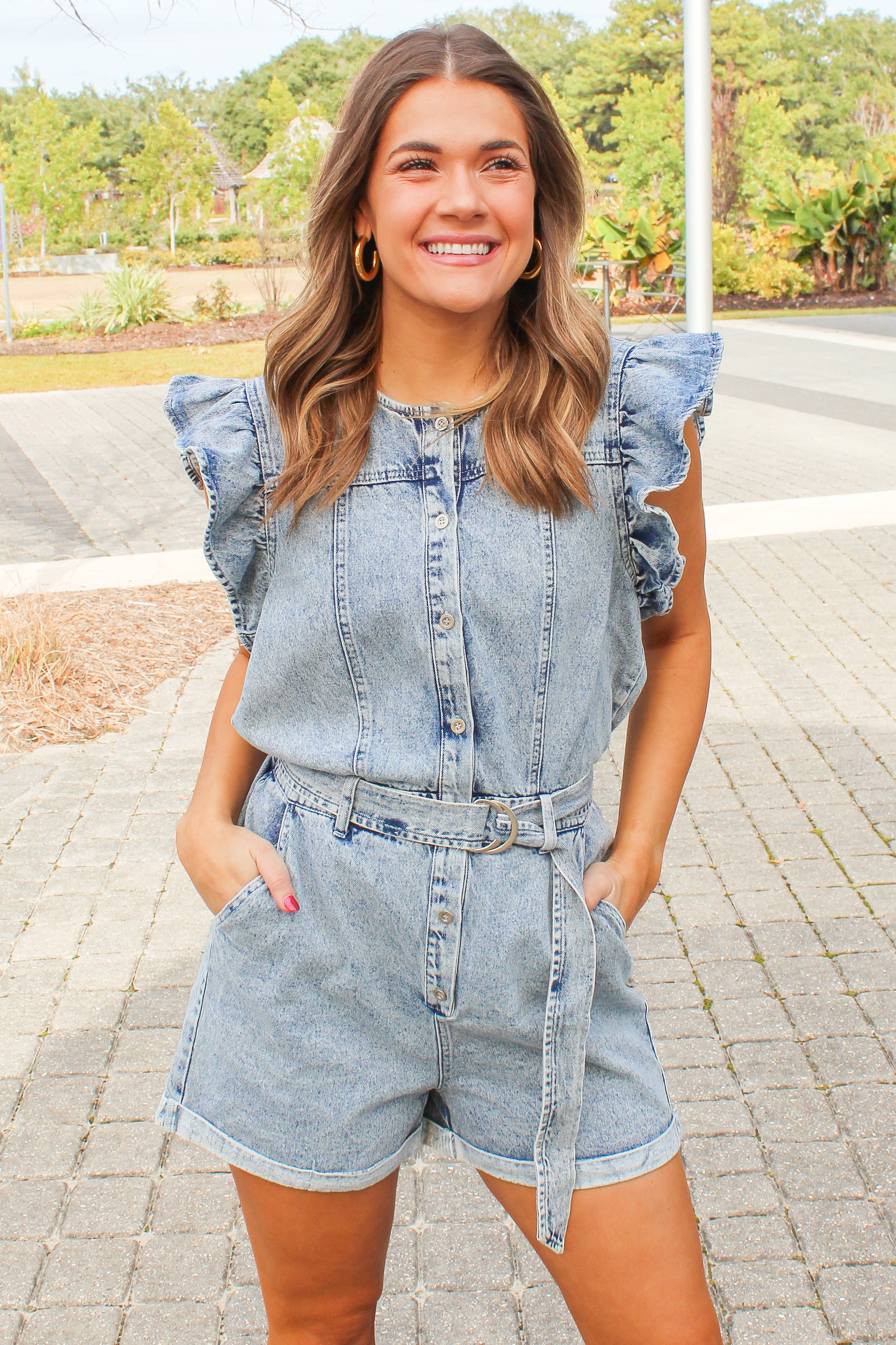 Ready To Go Ruffle Sleeve Denim Romper