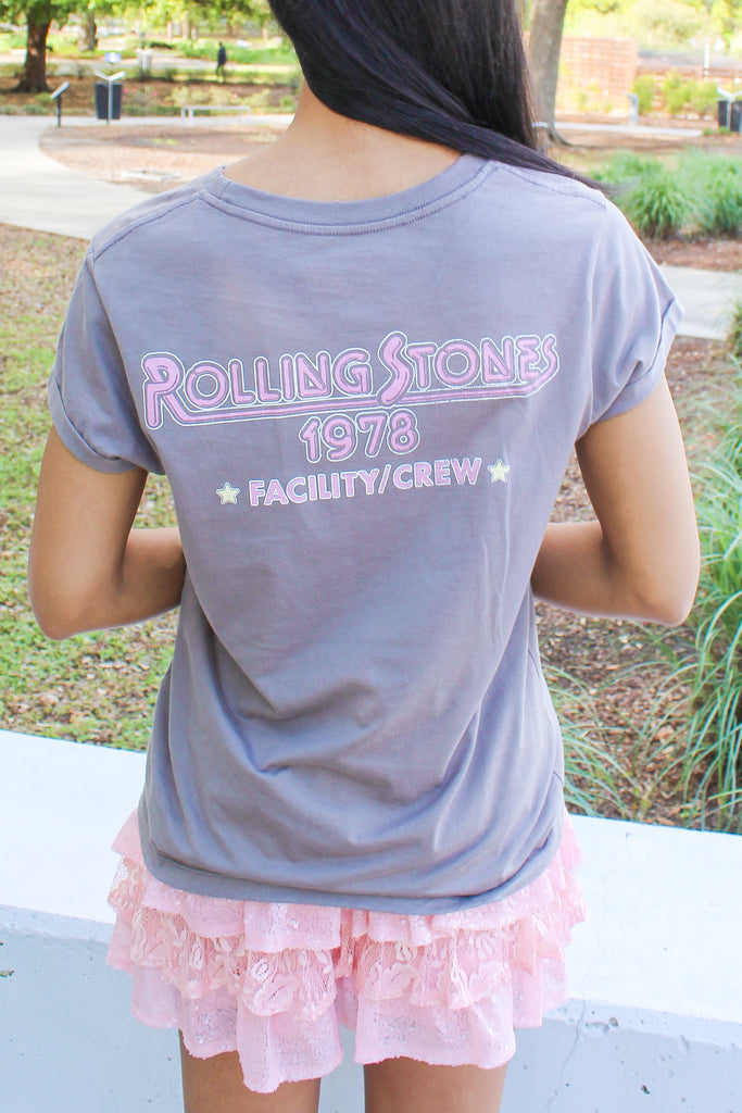 slate grey distressed graphic tee with rolling stones graphics on the front and back