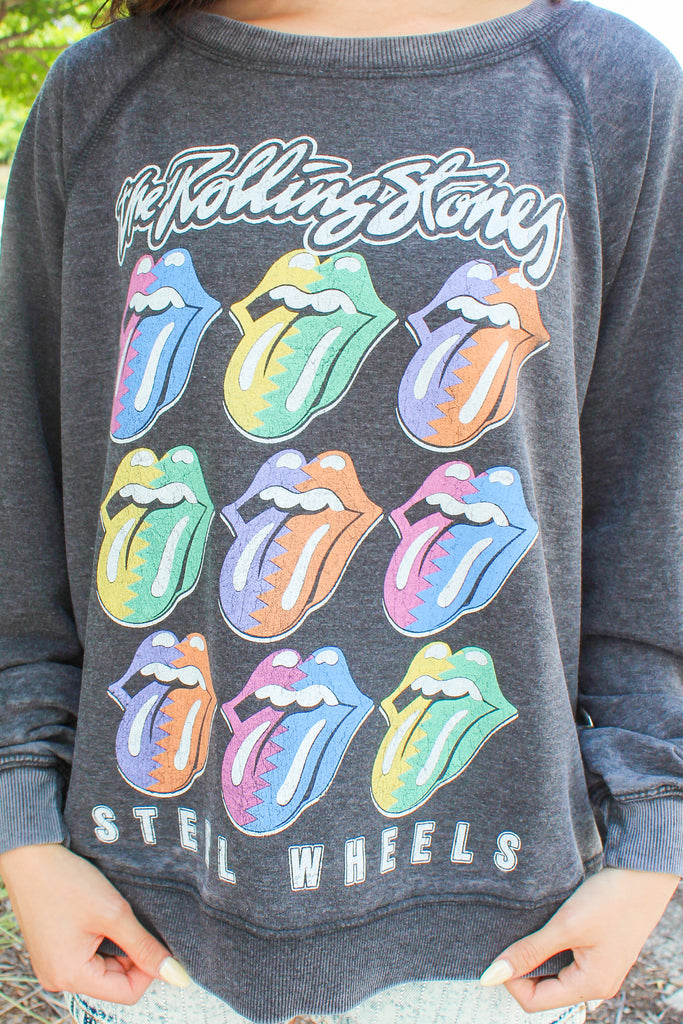 charcoal grey rolling stones graphic tee with multicolored graphics
