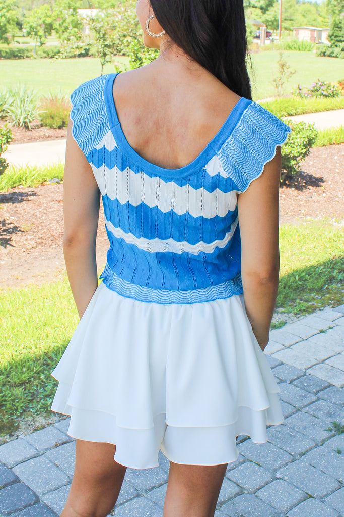blue and white wavy stripe knit tank top