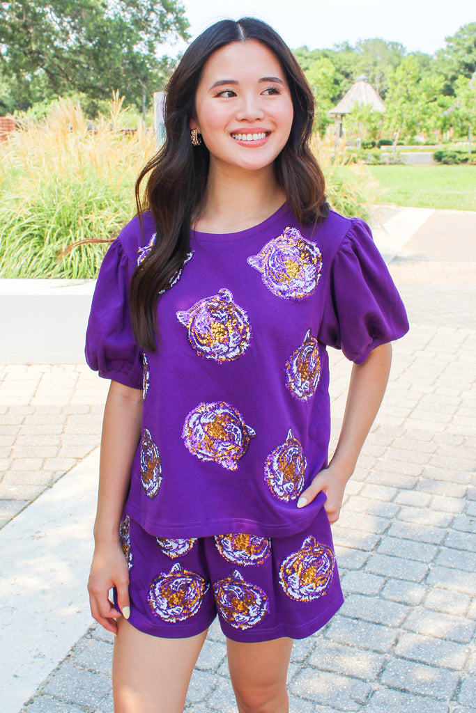purple cotton puff sleeve top with sequin tiger patches