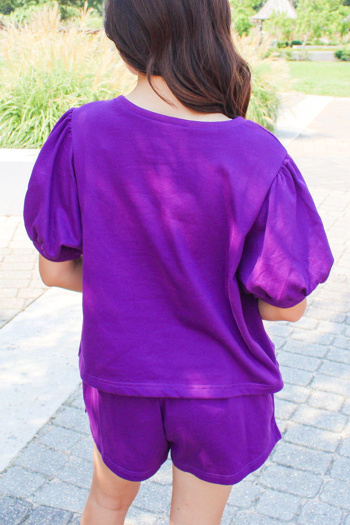  purple cotton puff sleeve top with sequin tiger patches