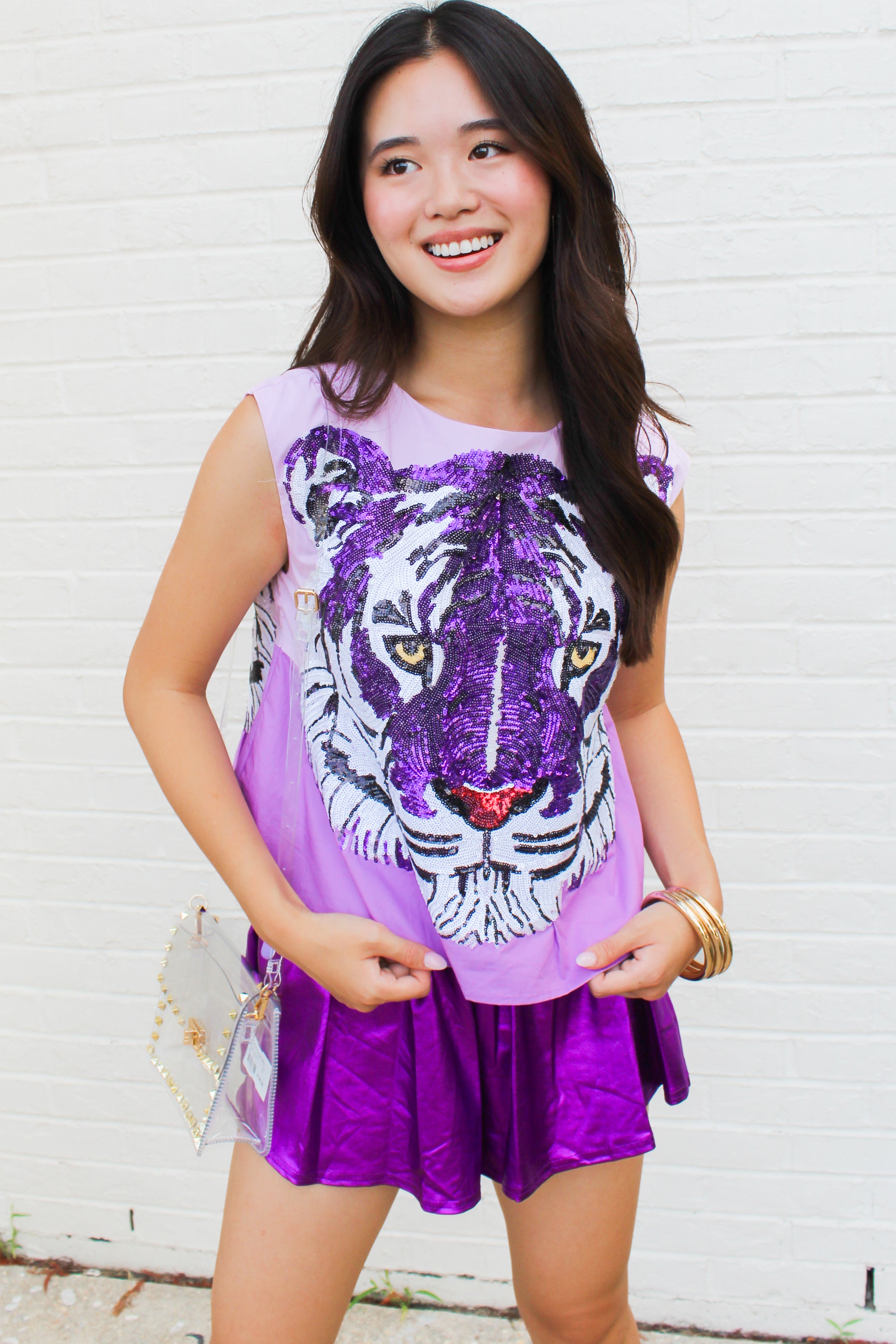 Queen of Sparkles Tiger Sequin Jersey Dress Orange + Purple + White / M