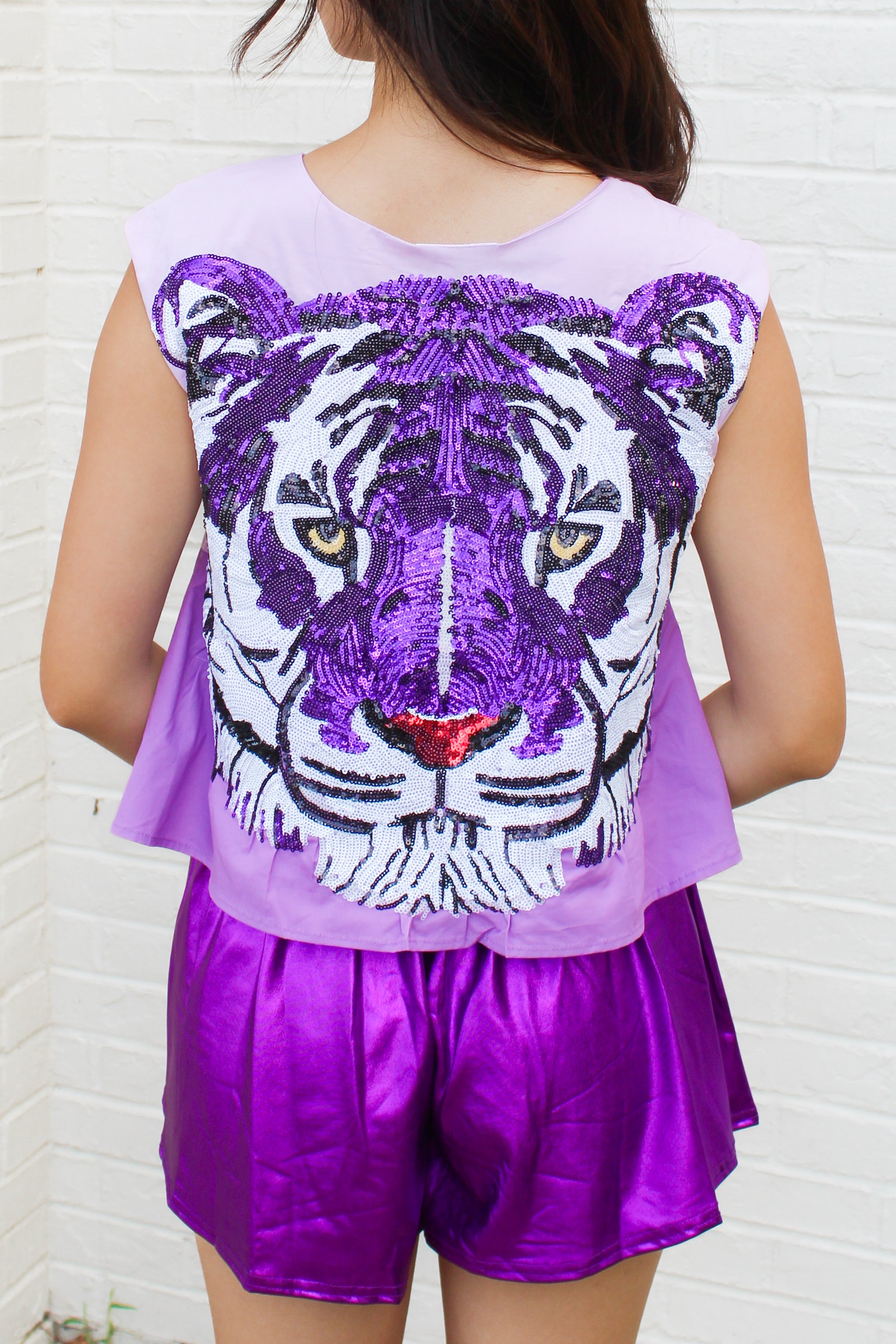 Queen of Sparkles Tiger Sequin Jersey Dress Orange + Purple + White / M