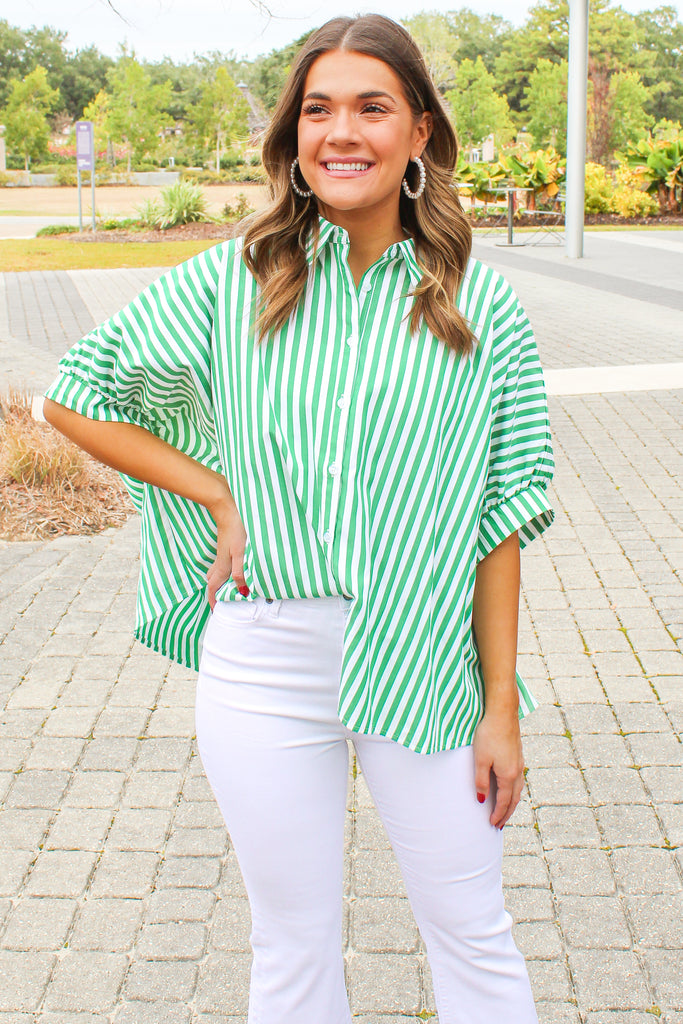 green and white striped button down oversized blouse