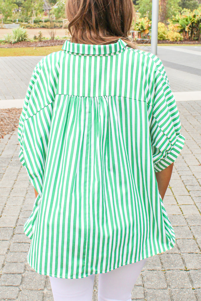 green and white striped button down oversized blouse