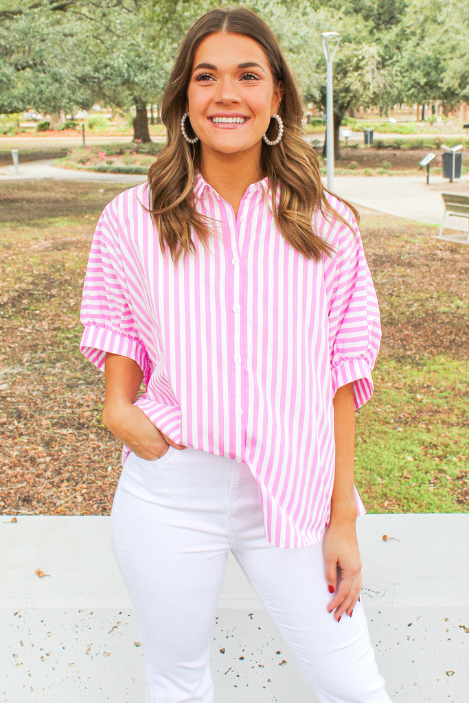 pink and white striped button down oversized blouse