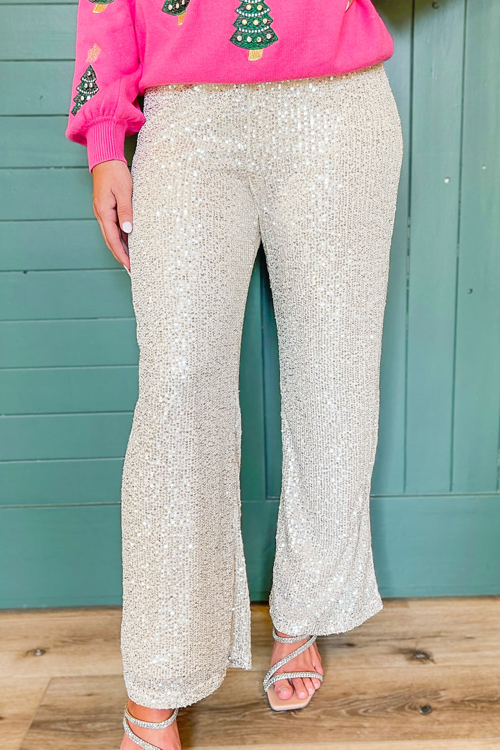 White Christmas Sequin Flare Pants - Frock Candy