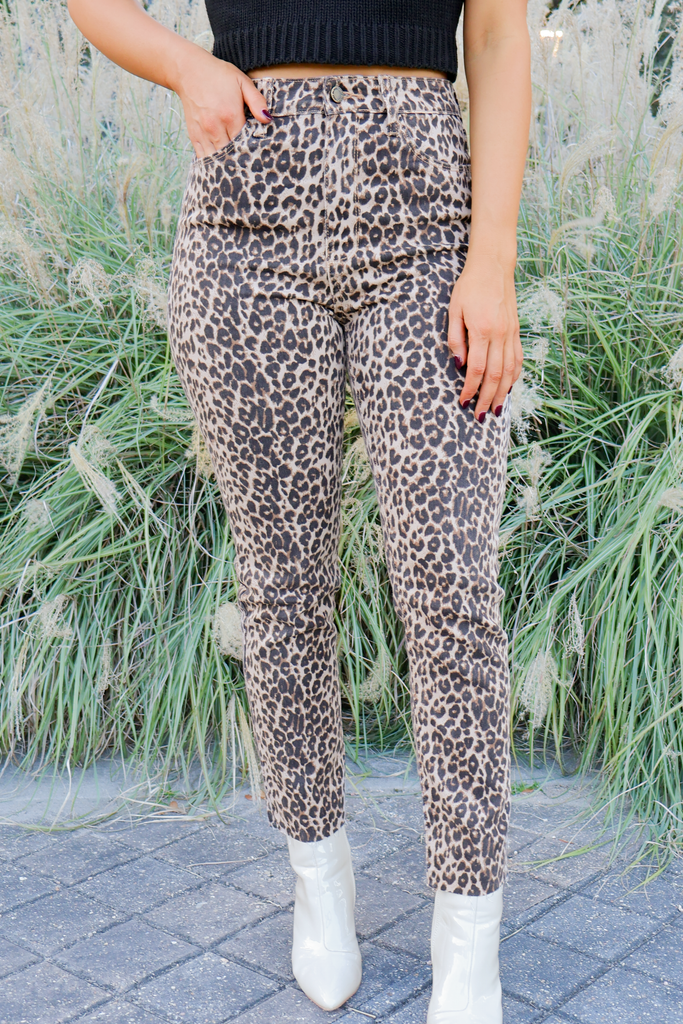 leopard straight leg jeans