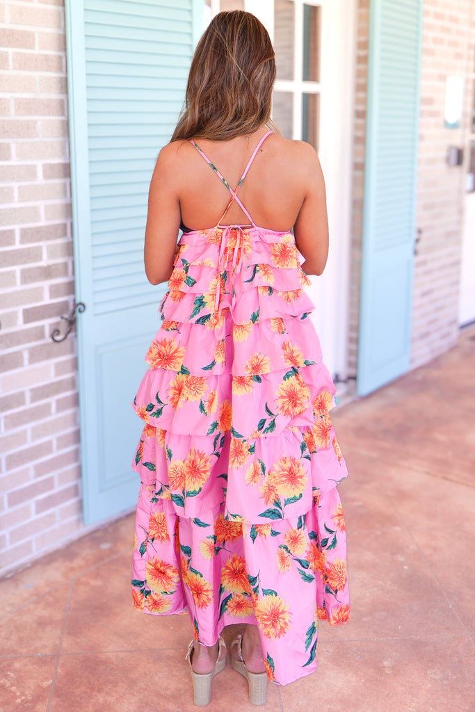 back of floral tiered maxi dress