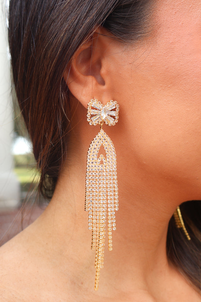 rhinestone bow tassel earrings