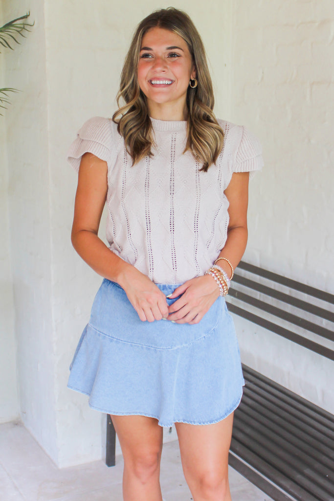 ice grey cable knit top with flutter short sleeves