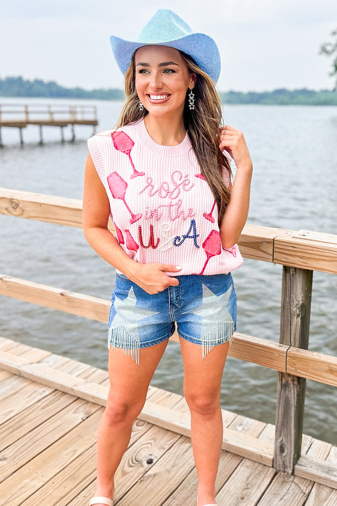 light pink sweater vest with pink, red, white and blue pearl lettering and sequin wine glass decals by queen of sparkles