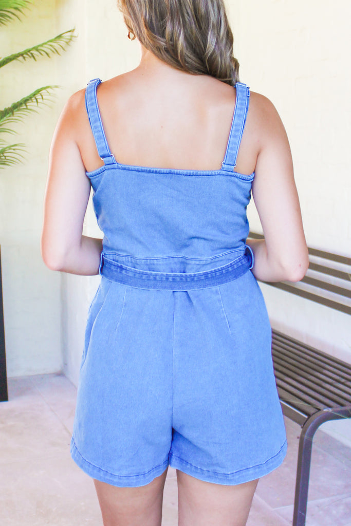 medium denim v-cut belted romper 