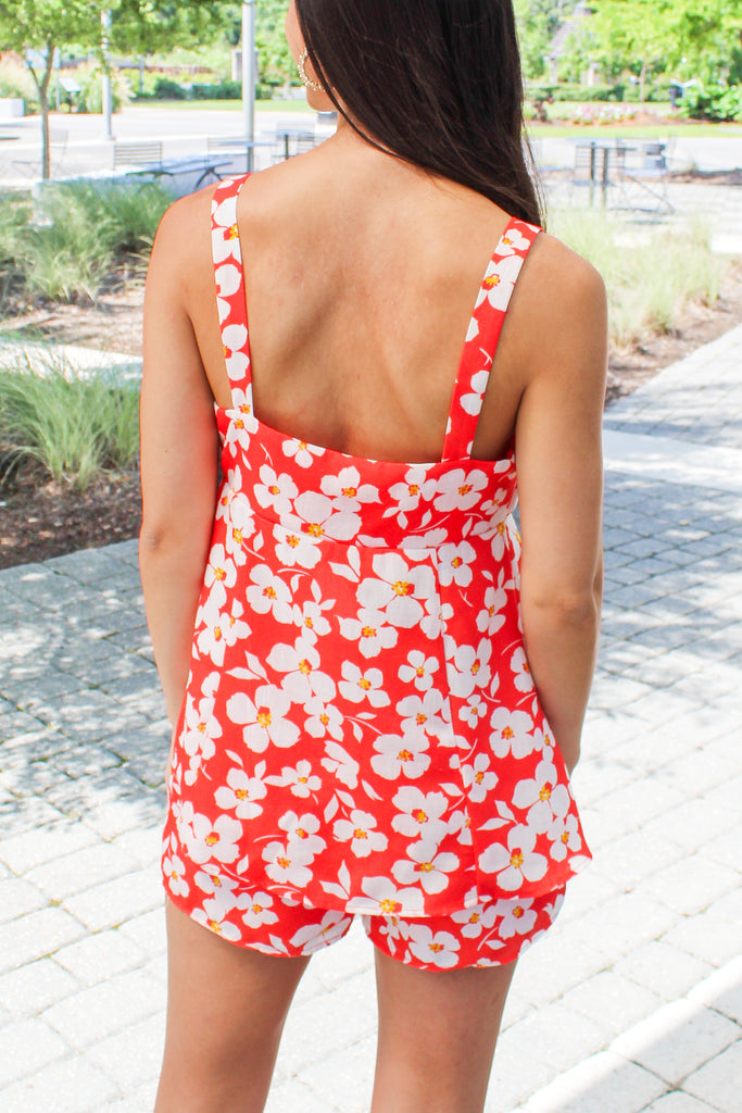 coral red tie front tank with white floral pattern